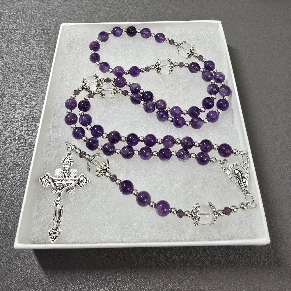 Large One Of A Kind Hand Crafted Rosary Made With Amethyst And Quartz